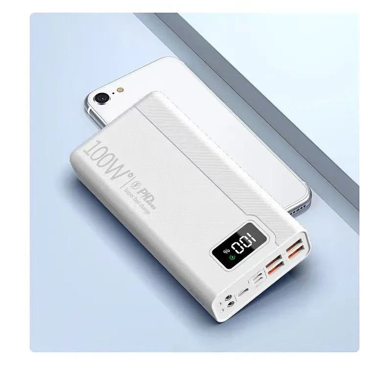Black and white large capacity power bank with fast charging support measuring 150mm x 76mm