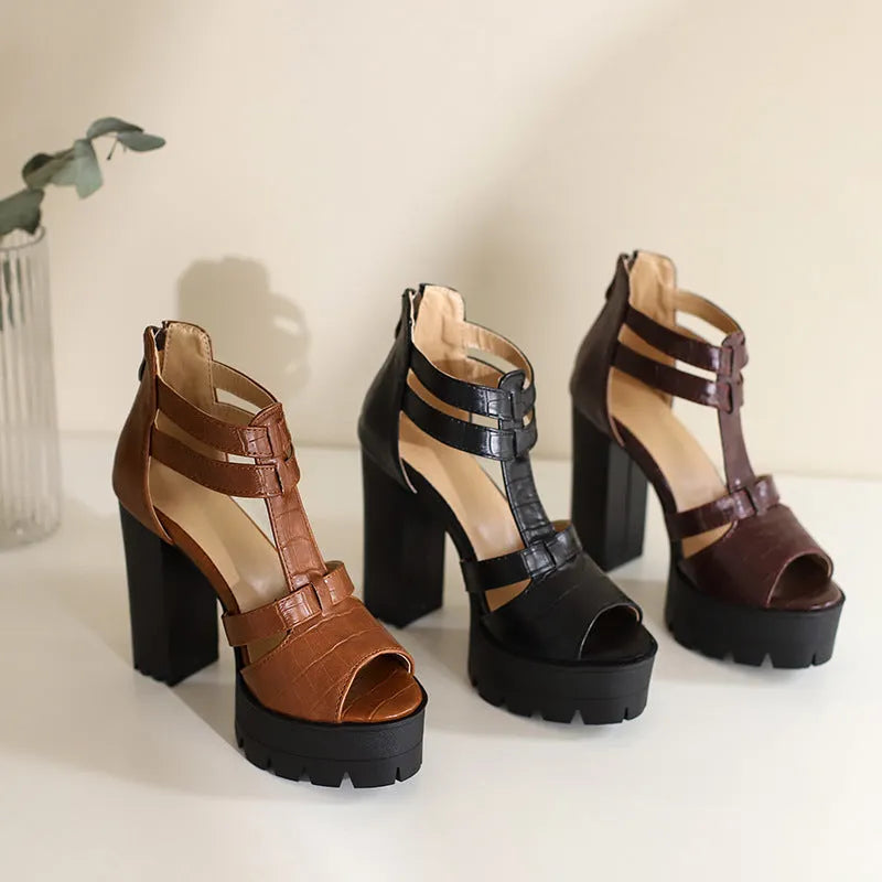 A pair of casual platform high heel sandals with a back zipper, shown in black.