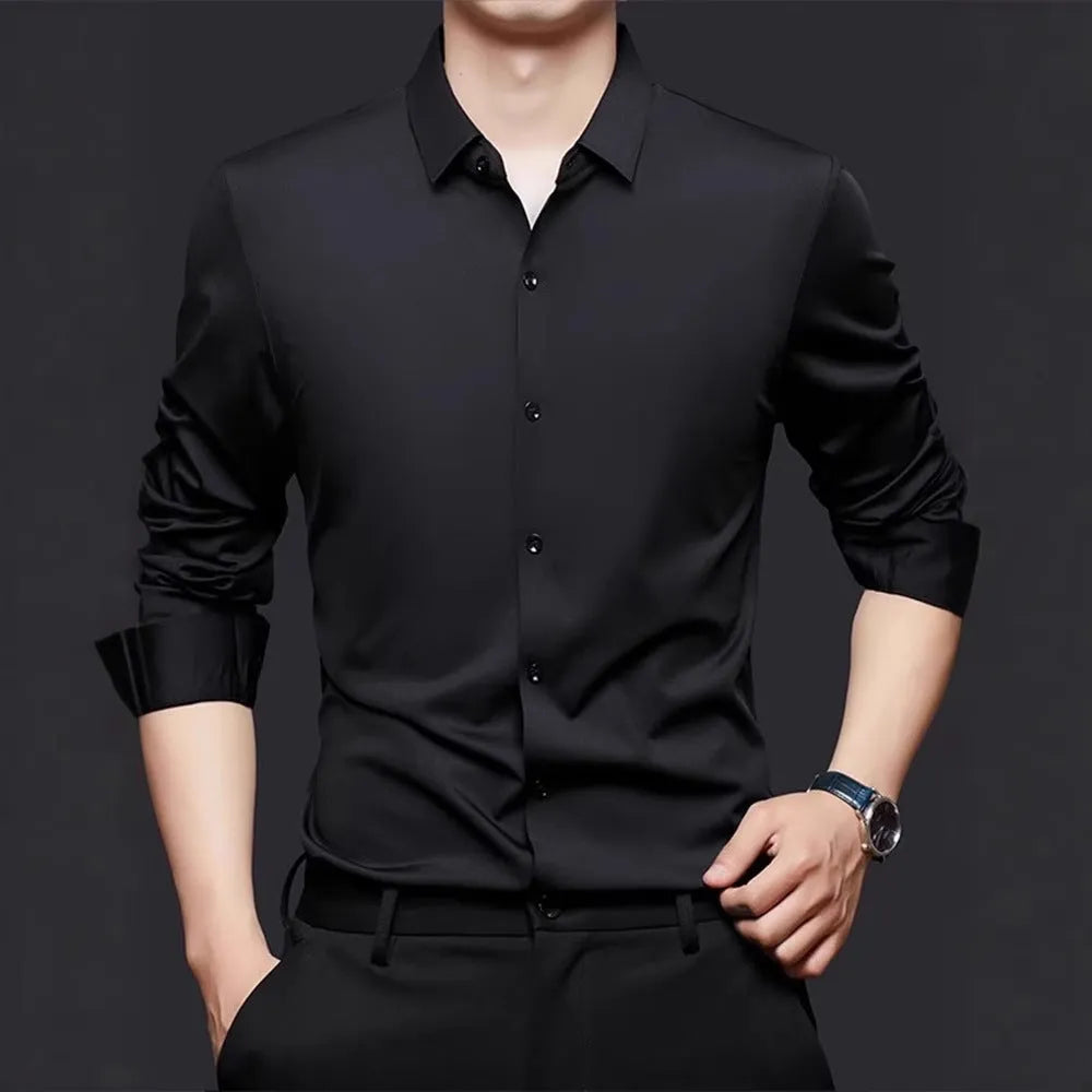 Seamless high elastic long sleeve anti-wrinkle shirt in black, front view, with stretch fabric
