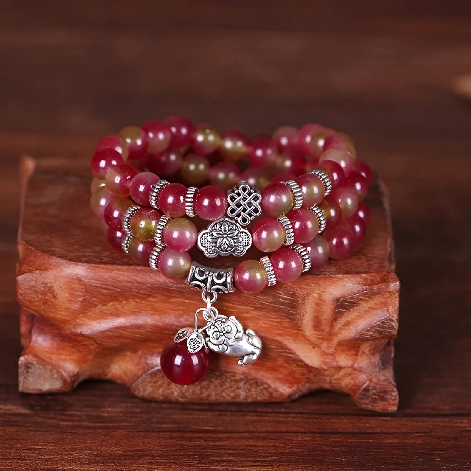 Natural watermelon crystal bracelet with Chinese knot design in 6mm and 8mm size options