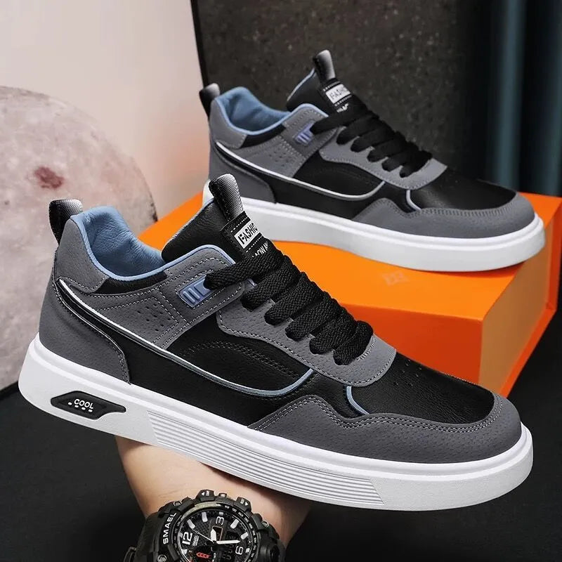Men's low-top canvas board shoes in beige with leather stitching and mesh lining.