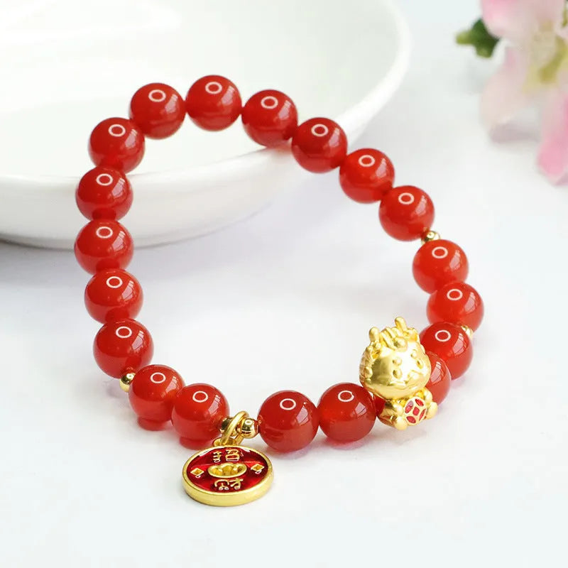 Red agate Chinese zodiac dragon bracelet with 8mm round beads
