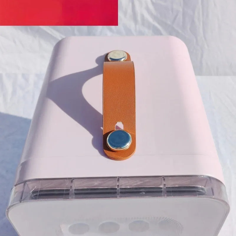 Pink mini refrigerator with transparent door showing 6L capacity for beauty product storage