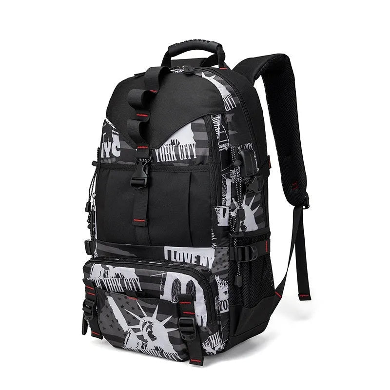 Men's waterproof Oxford cloth hiking backpack in black with multiple compartments and air pillow belt system