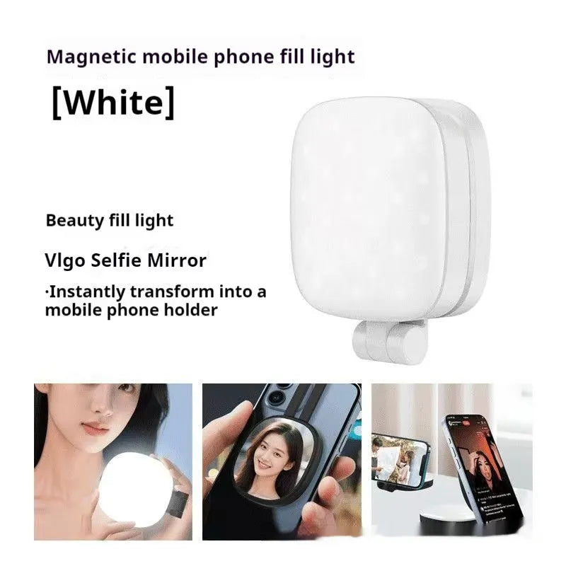 Black and white mobile phone selfie fill light with makeup mirror showing dimensions 61.2 x 76 x 25 mm