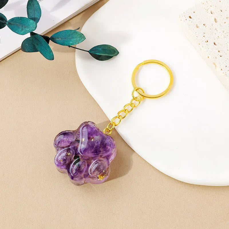 Natural crystal cat's paw keychain pendant in choice of ten stone colours including amethyst and turquoise.