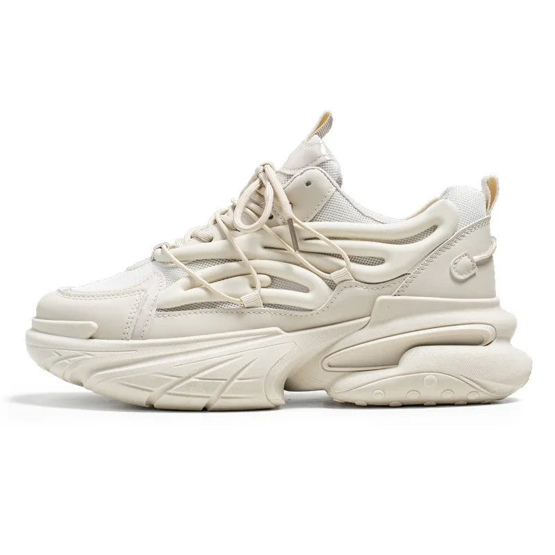 Men's low-top sneaker in beige with mesh PU leather upper, lace-up front, and a platform rubber sole.