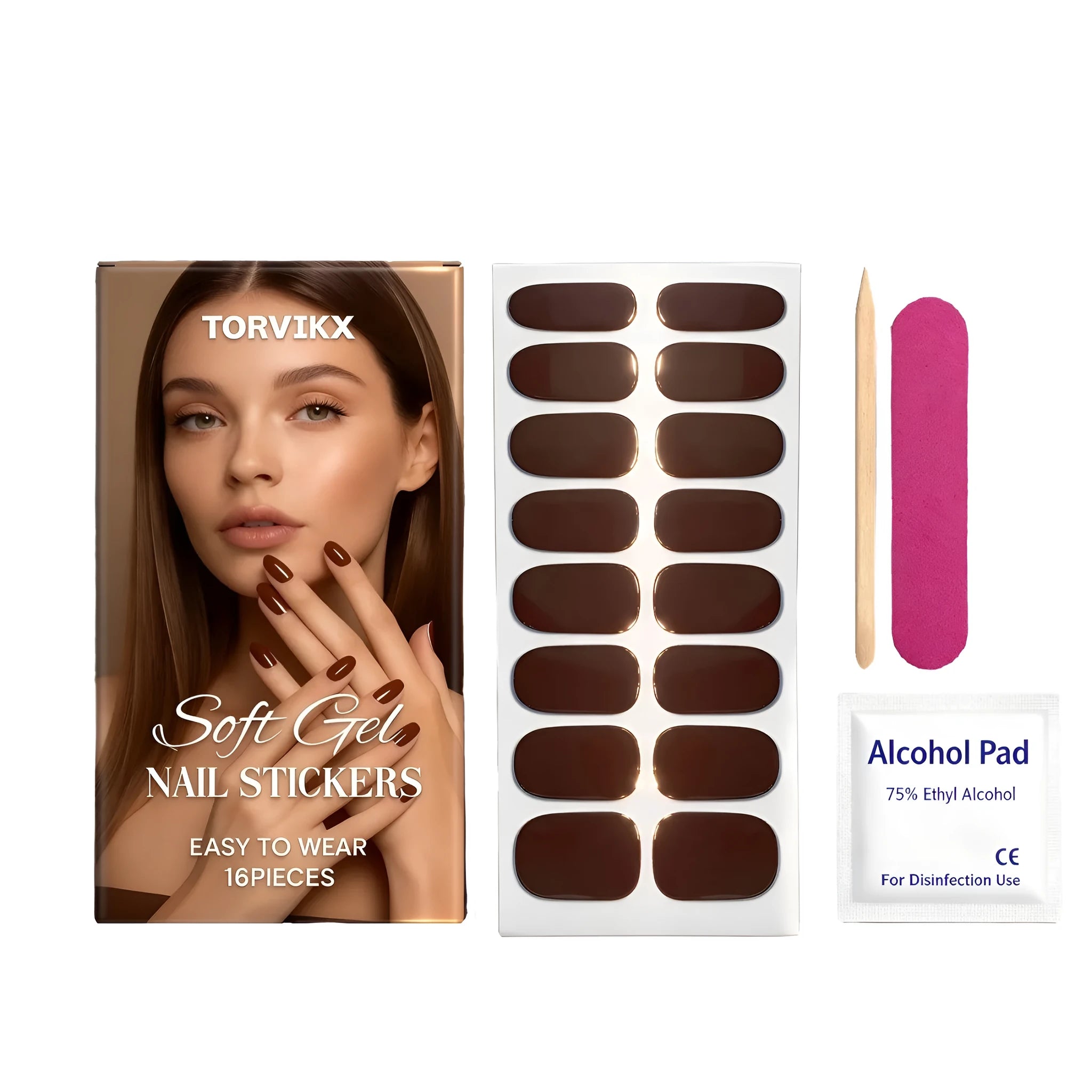 TORVIKX soft gel nail patches in coffee brown shade with application tools on a table