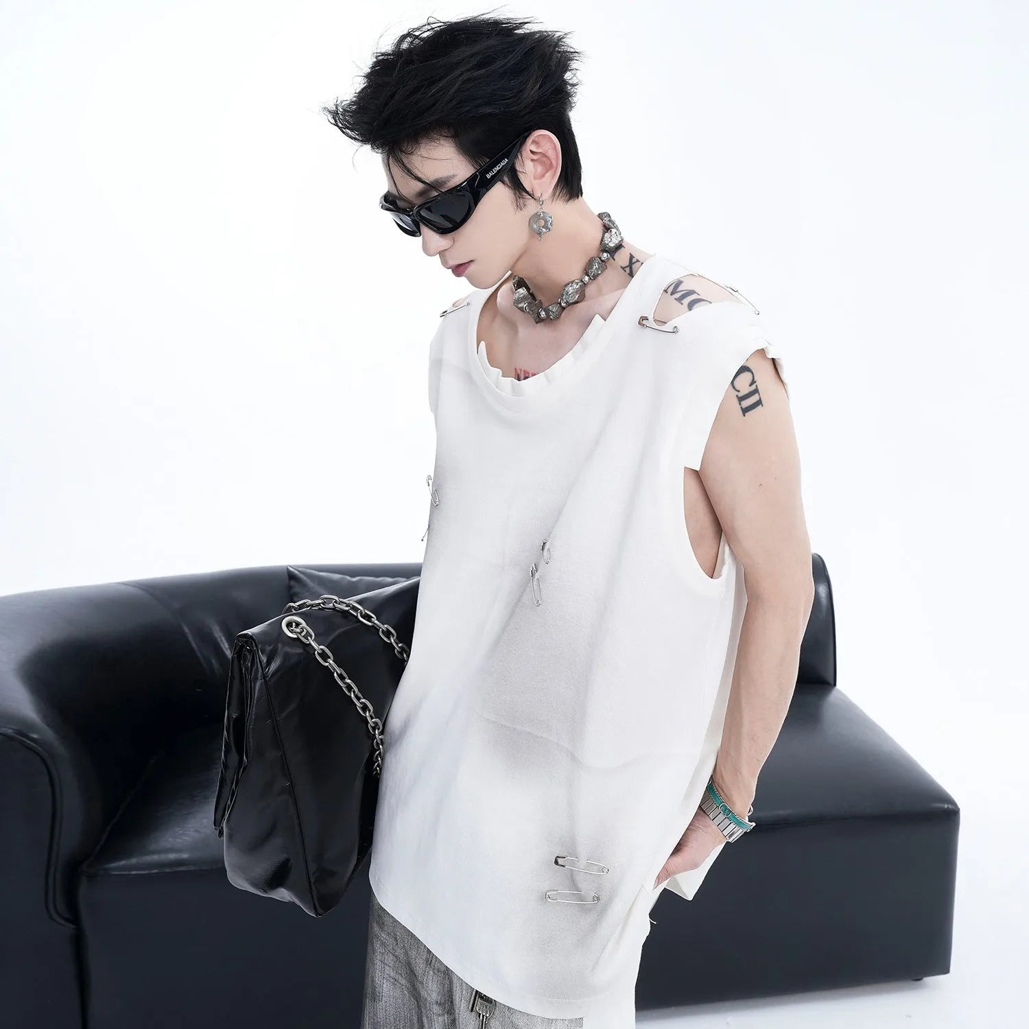 Men's black sleeveless vest waistcoat with irregular ripped cutting design detail
