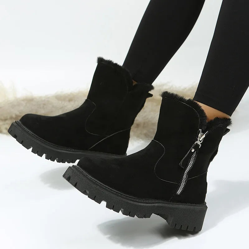 Women's black thick plush snow boots with side zipper and high top design.