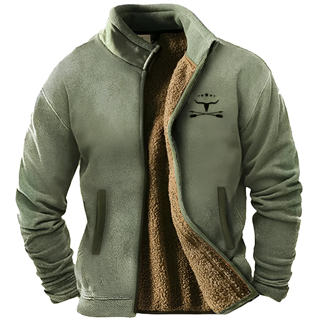 Men's green polyester fleece padded coat with a regular cut on a size chart showing S to 5XL.