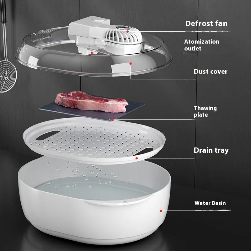 A modern aluminium defrosting plate with a separate USB cable for quick household food thawing.