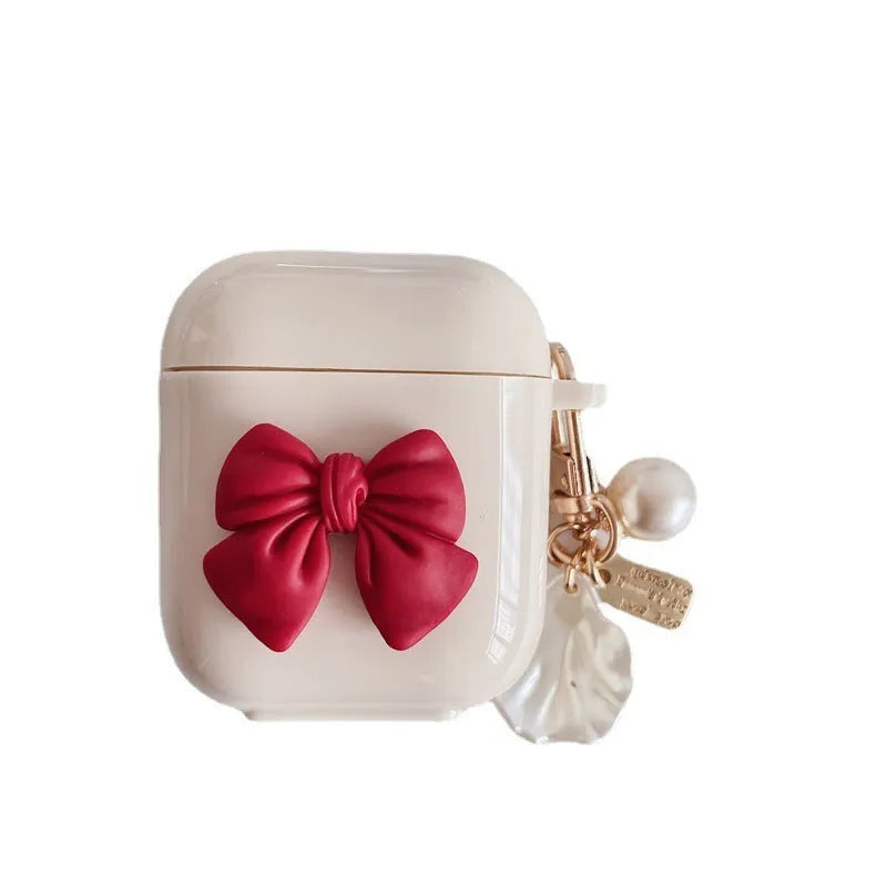 Beige red TPU clamshell earphone case with bow shell design for AirPods protection