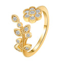 Women's open ring with diamond flower leaves design in copper, gold or white colour options