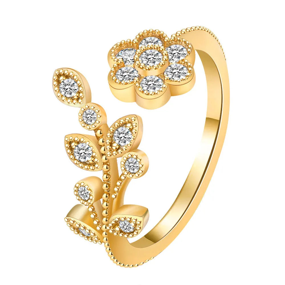 Women's open ring with diamond flower leaves design in copper, gold or white colour options
