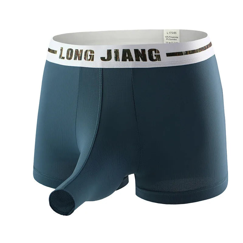 Men's ice silk boxer shorts in army green colour showing trunk open design and mid waist construction