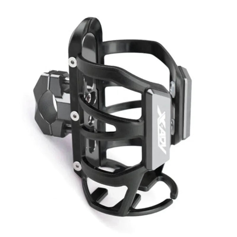 Black modified water bottle cage mounted on a Honda X-ADV scooter bumper for drink storage.