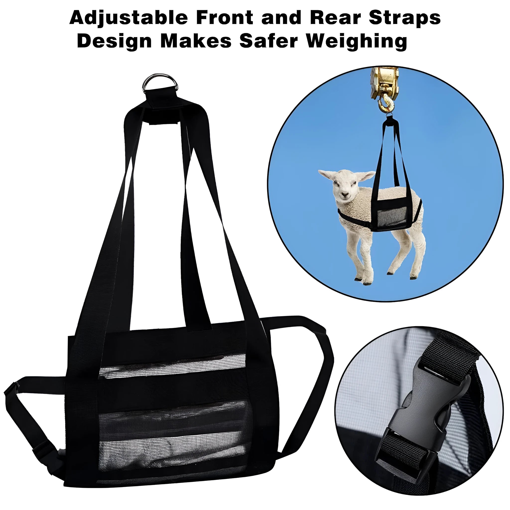 Large black calf sling weighing bag for livestock and pets, dimensions 35 by 150 centimetres.