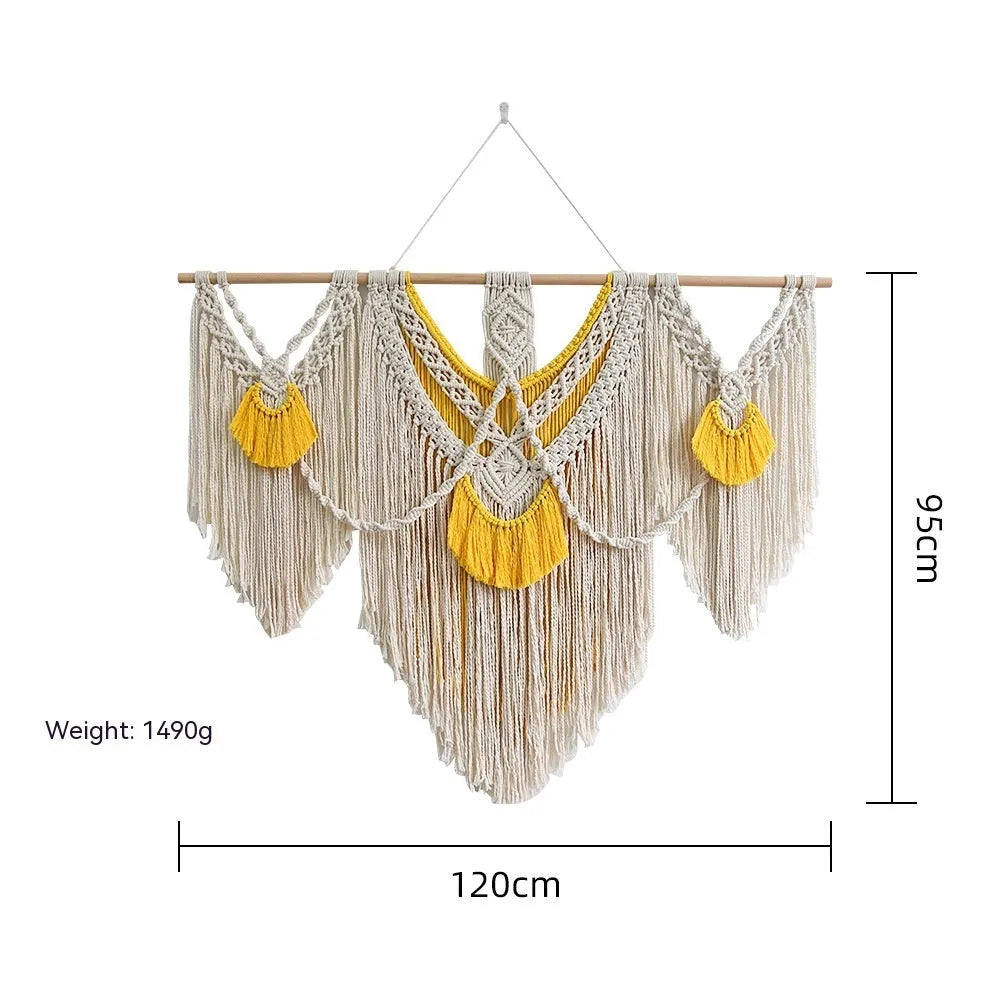 Nordic style cotton woven tapestry rectangle wall hanging 120x95cm creamy-white with yellow accents