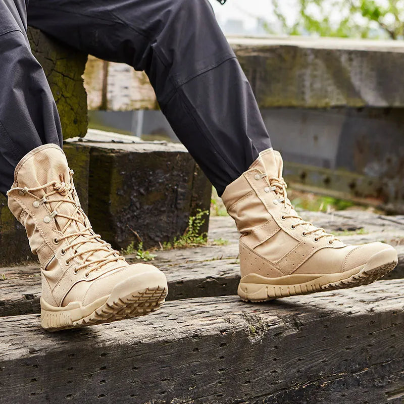 Yulong Combat Boots in black and sand colours, shown as unisex outdoor climbing and tactical desert footwear.