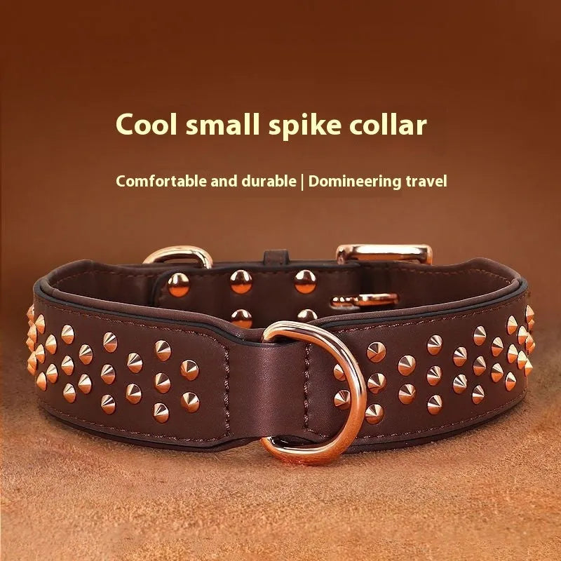 Leather dog collar with anti-bite rivets in black, chocolate, and pink colour options