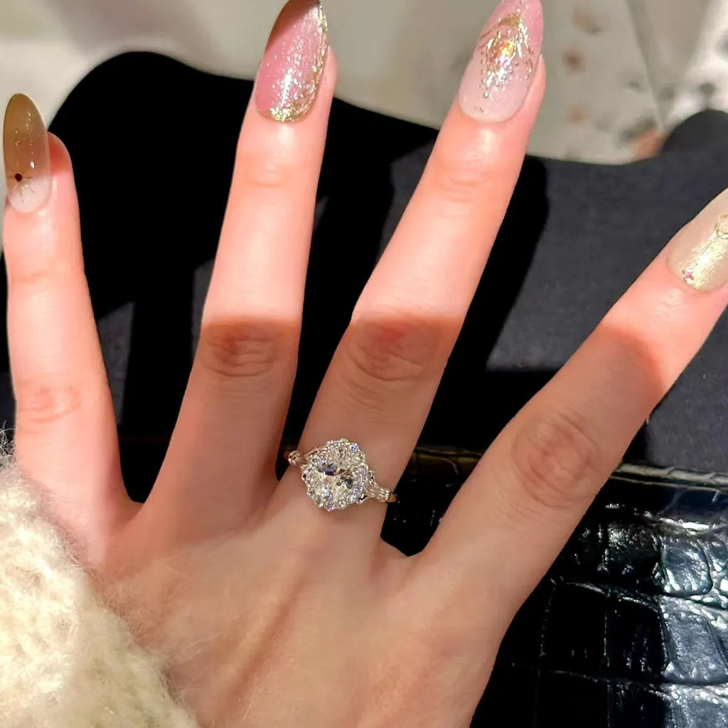 Silver adjustable opening geometric ellipse bridal bouquet ring with diamond treatment