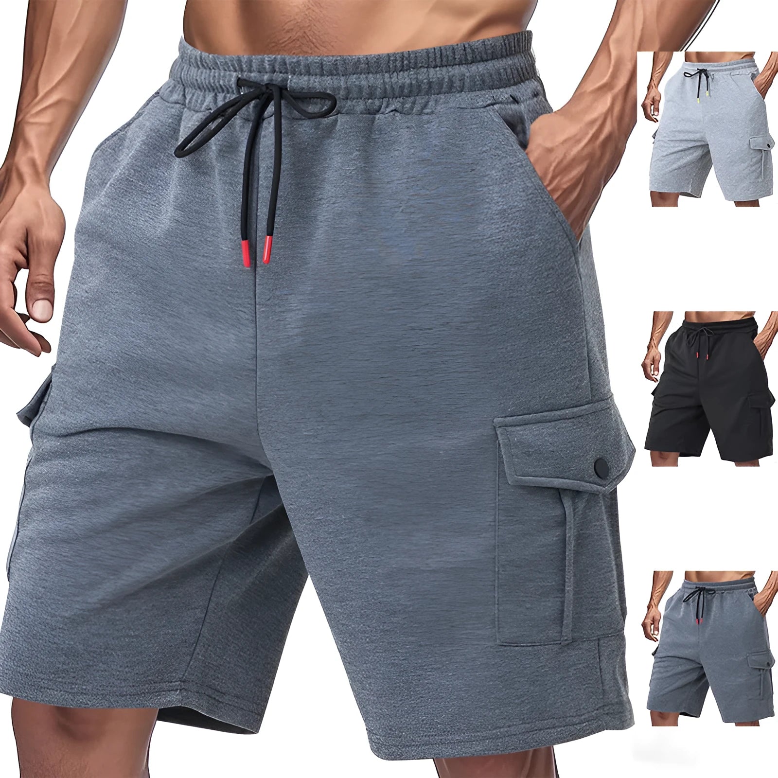 Men's heavy terry cloth cargo shorts with multiple pockets in loose fit for summer sports wear