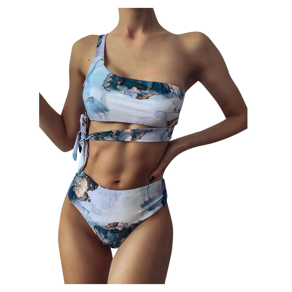 Women's high-waist bikini with marble tie-dye print and U-neck top