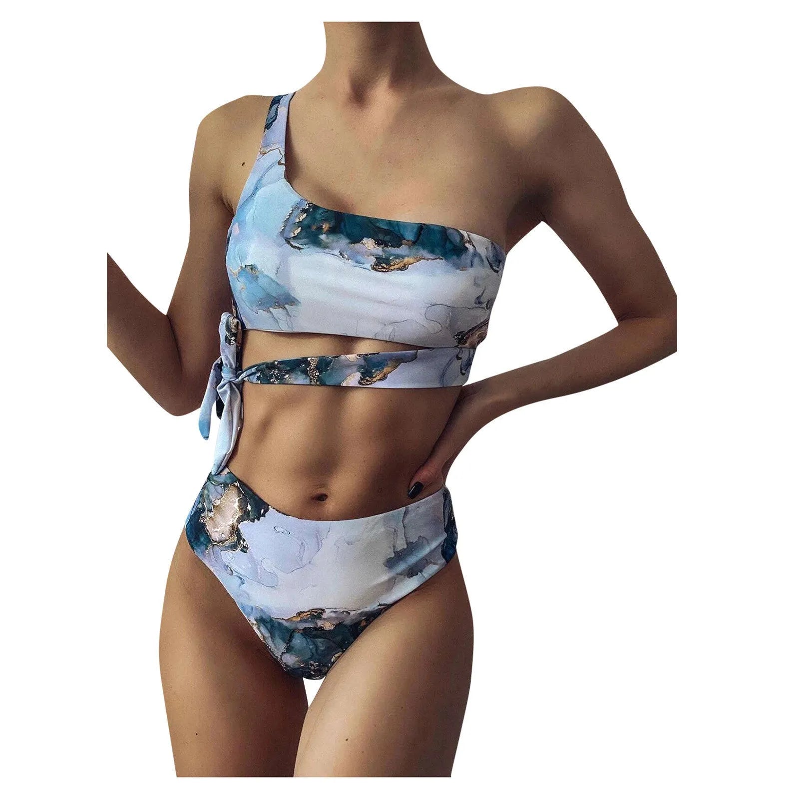Women's high-waist bikini with marble tie-dye print and U-neck top