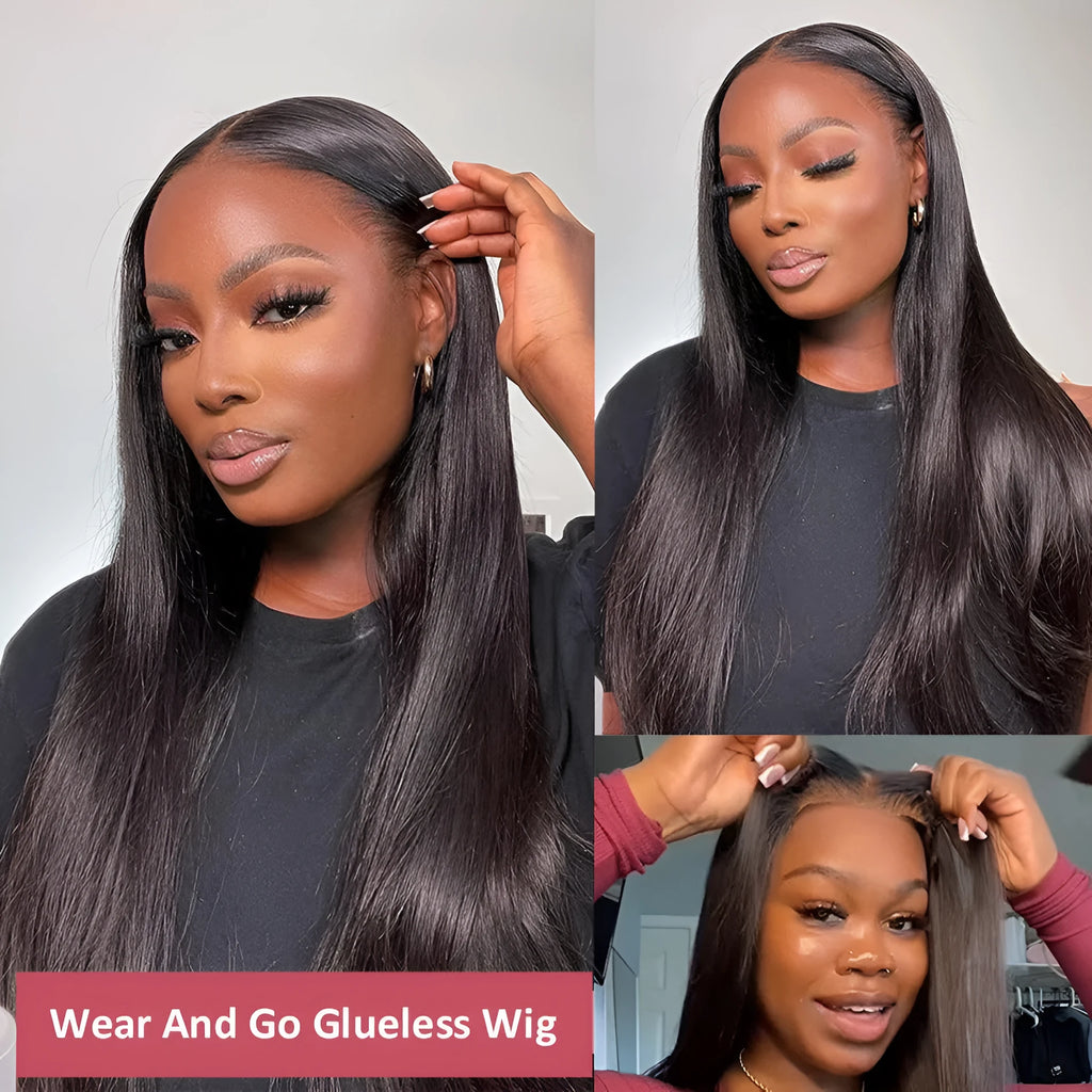 Glueless human hair straight wig with optional side bangs shown in natural style