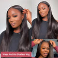 Glueless human hair straight wig with optional side bangs shown in natural style