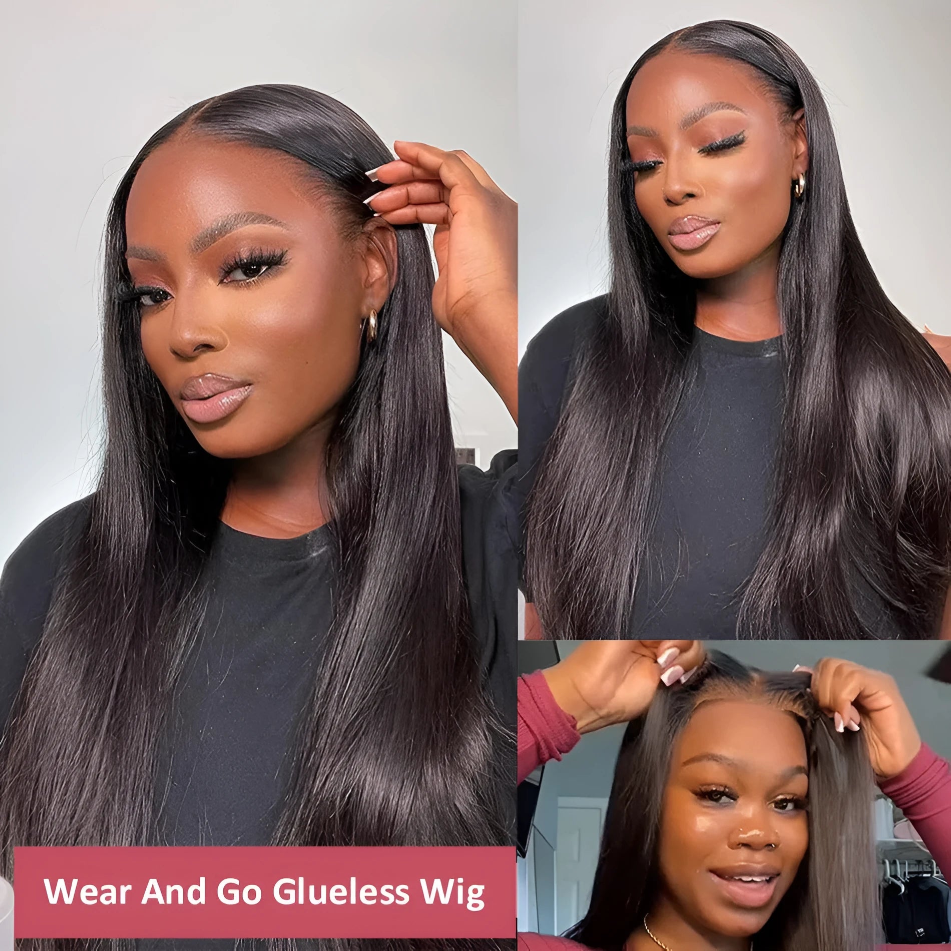Glueless human hair straight wig with optional side bangs shown in natural style