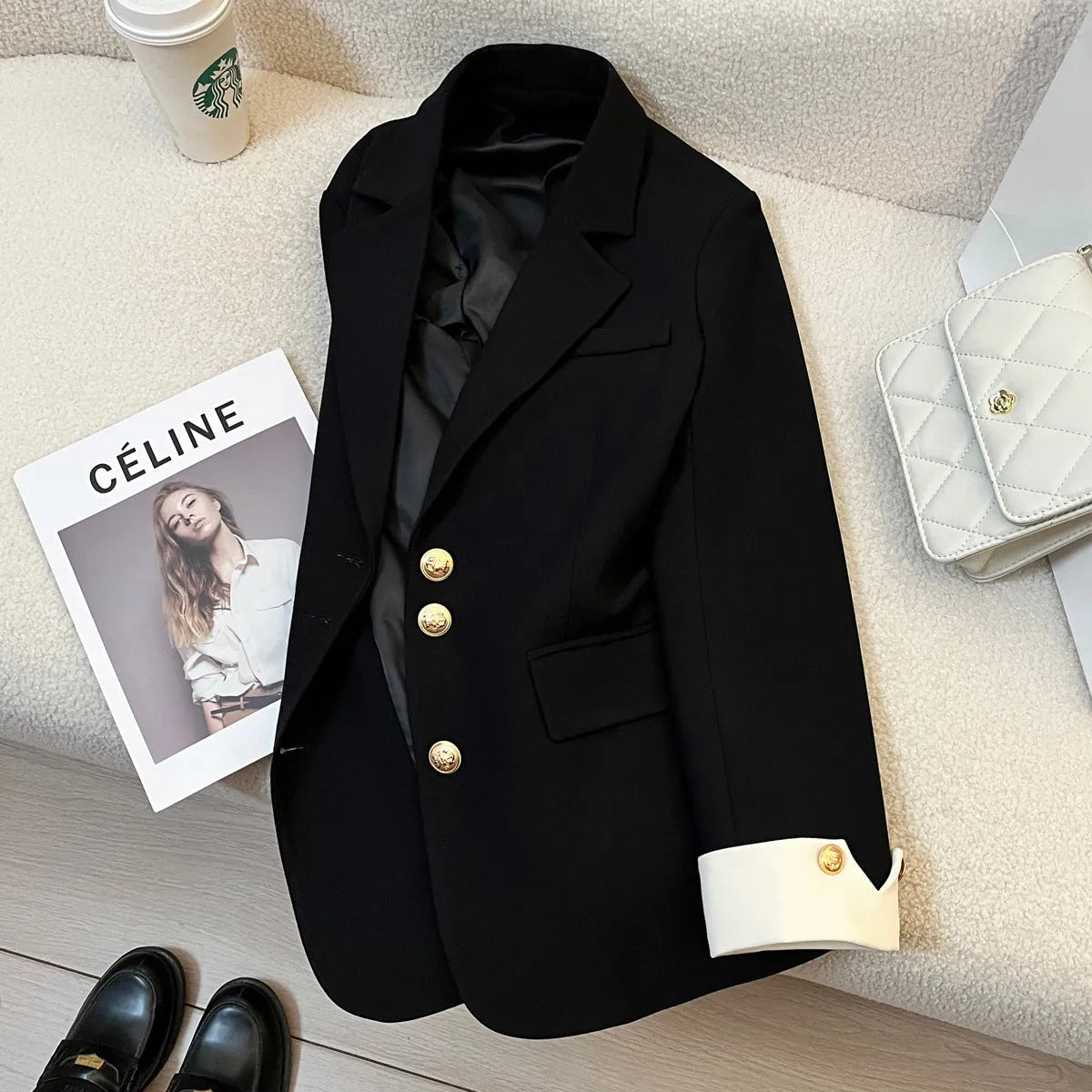Women's Korean style loose fit mid-length polyester coat in milky white colour with long sleeves and pockets