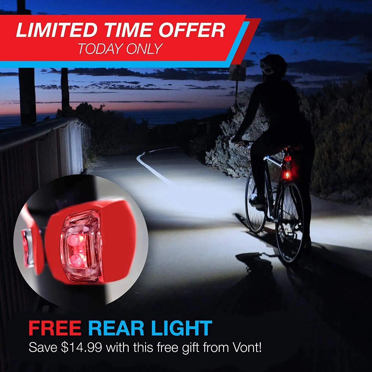 Bicycle front headlight and rear taillight set with a black mounting bracket on a handlebar.