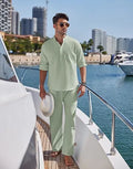 Men's solid colour casual cotton suit with long sleeve top and full-length trousers