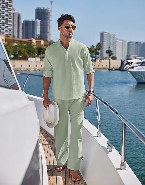 Men's solid colour casual cotton suit with long sleeve top and full-length trousers