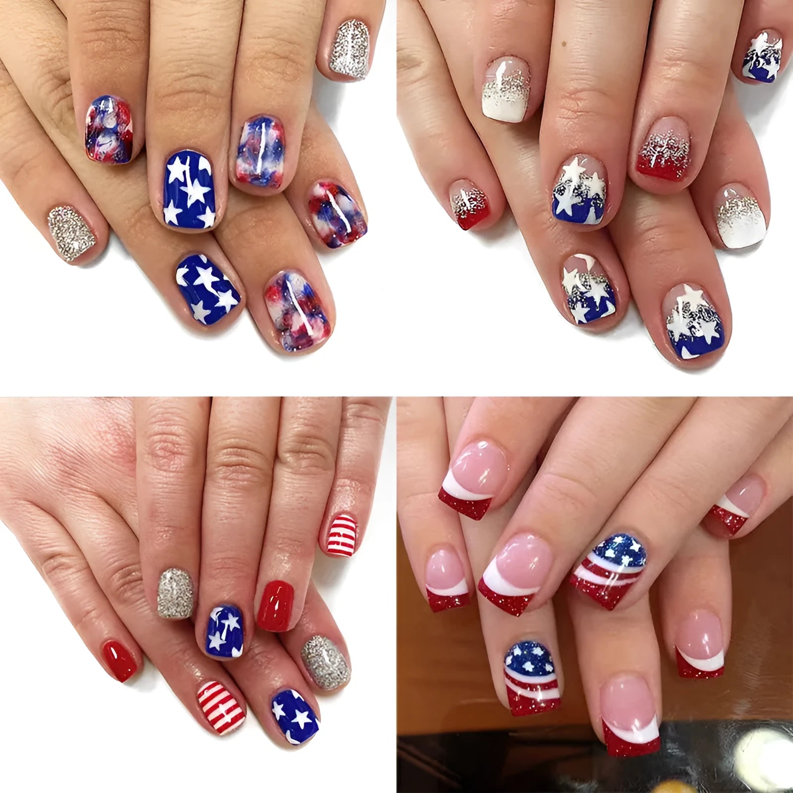 Red, white, and blue false nail set with large American star pattern, square shape.