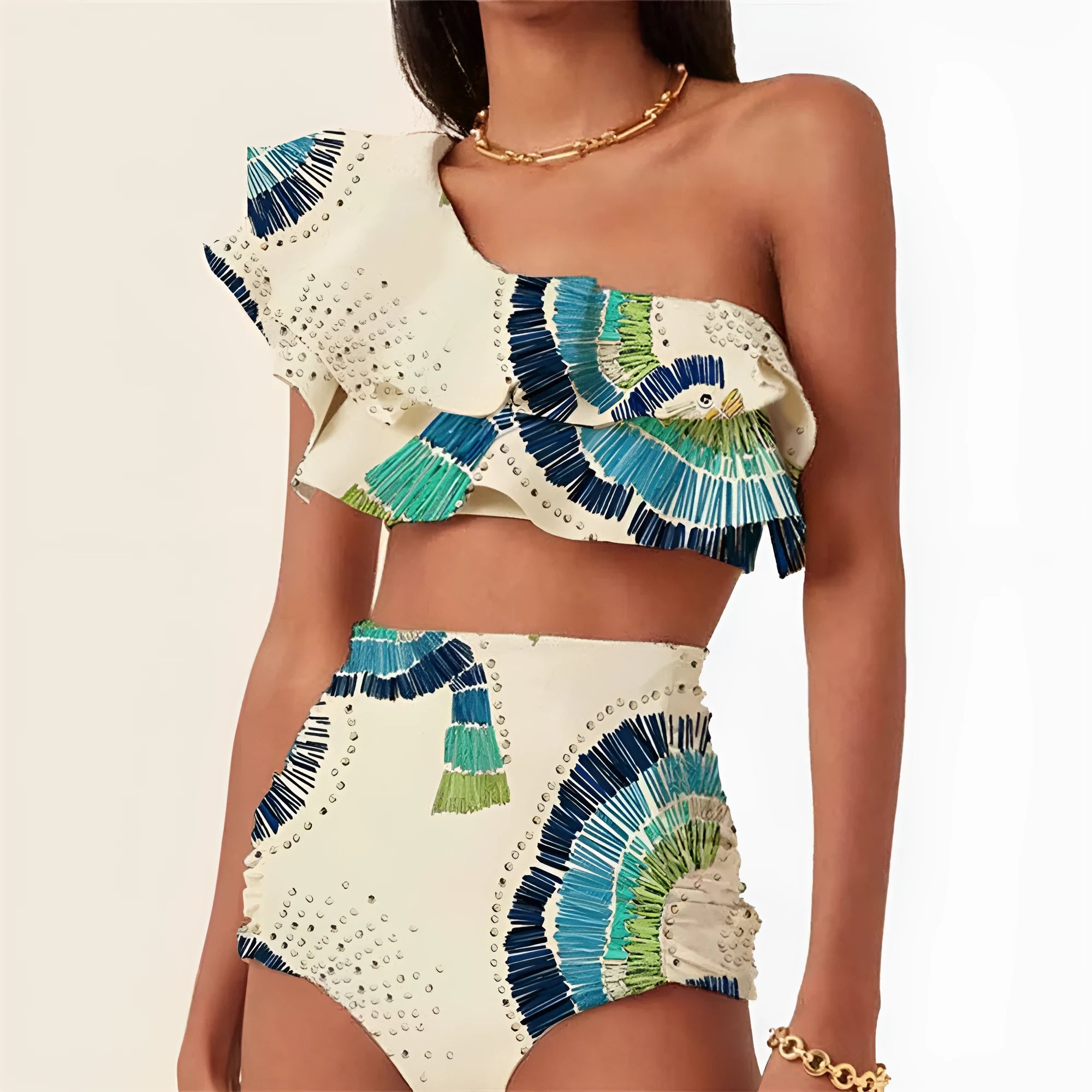 White women's one-shoulder swimsuit with split hem and double-layer lotus leaf design