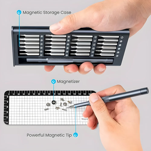 25-in-one magnetic screwdriver set with chrome vanadium bits and two black knurled handles.