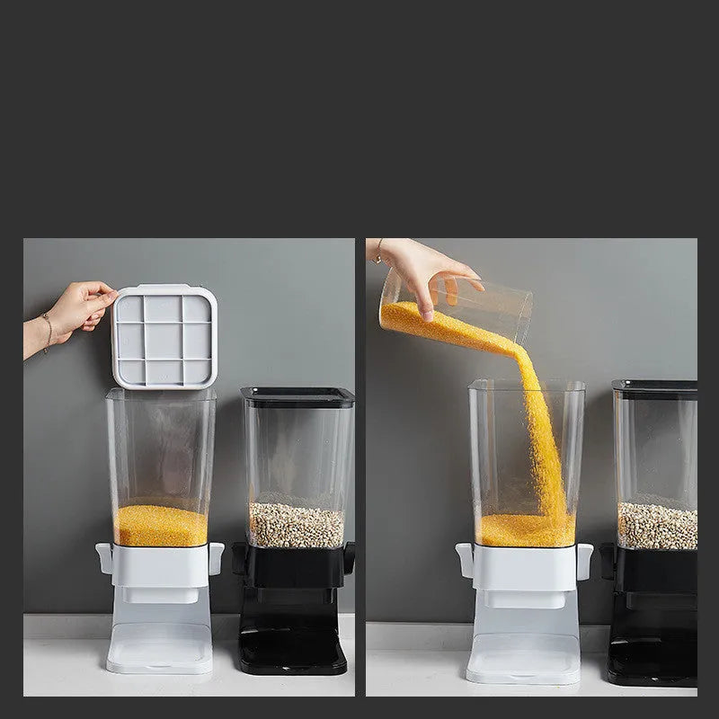Countertop cereal dispenser in white with clear container and black lever showing chute opening