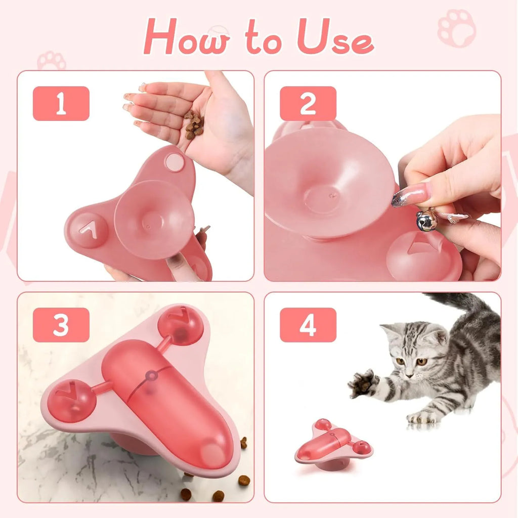 Blue interactive pet puzzle toy with bell, catnip spot, and airplane snack cabin on a smooth floor.