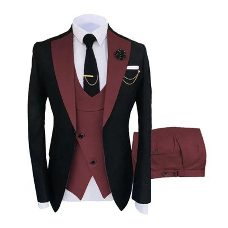 Men's black slim fit three-piece suit with vest and trousers on a hanger for formal weddings