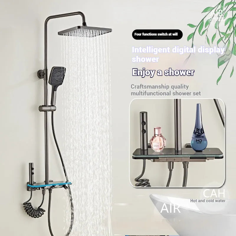 Aluminium digital display shower set with temperature control in white or grey finish