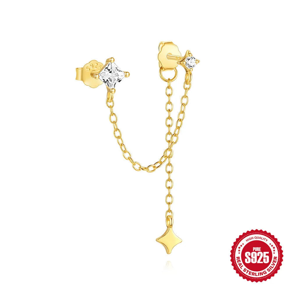 Golden S925 sterling silver geometric stud earrings with zircon stones, showing clover, crown, horse eye, and chain designs for double piercings.