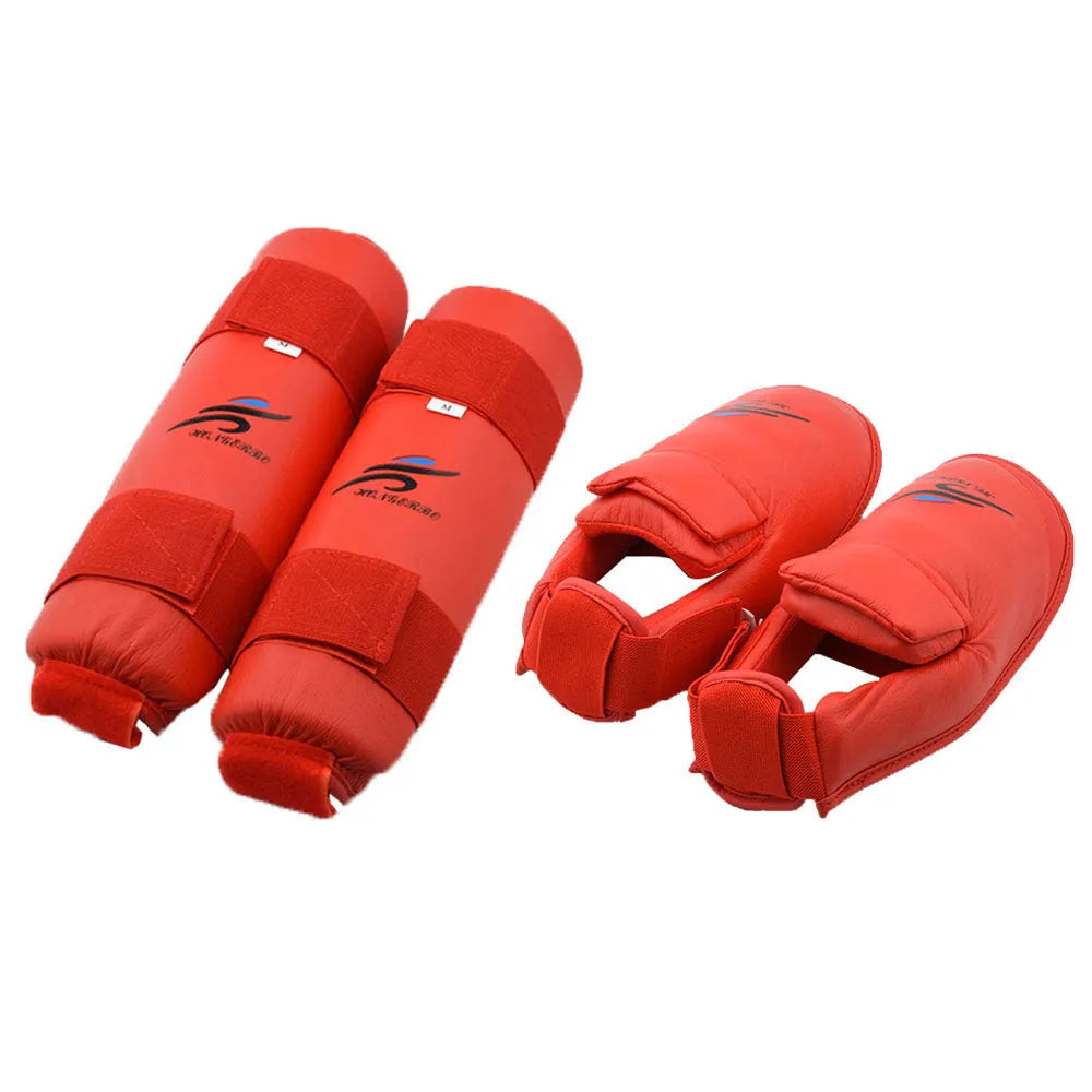 Karate protective gear set with red leg guards, helmet, and boxing gloves for martial arts training