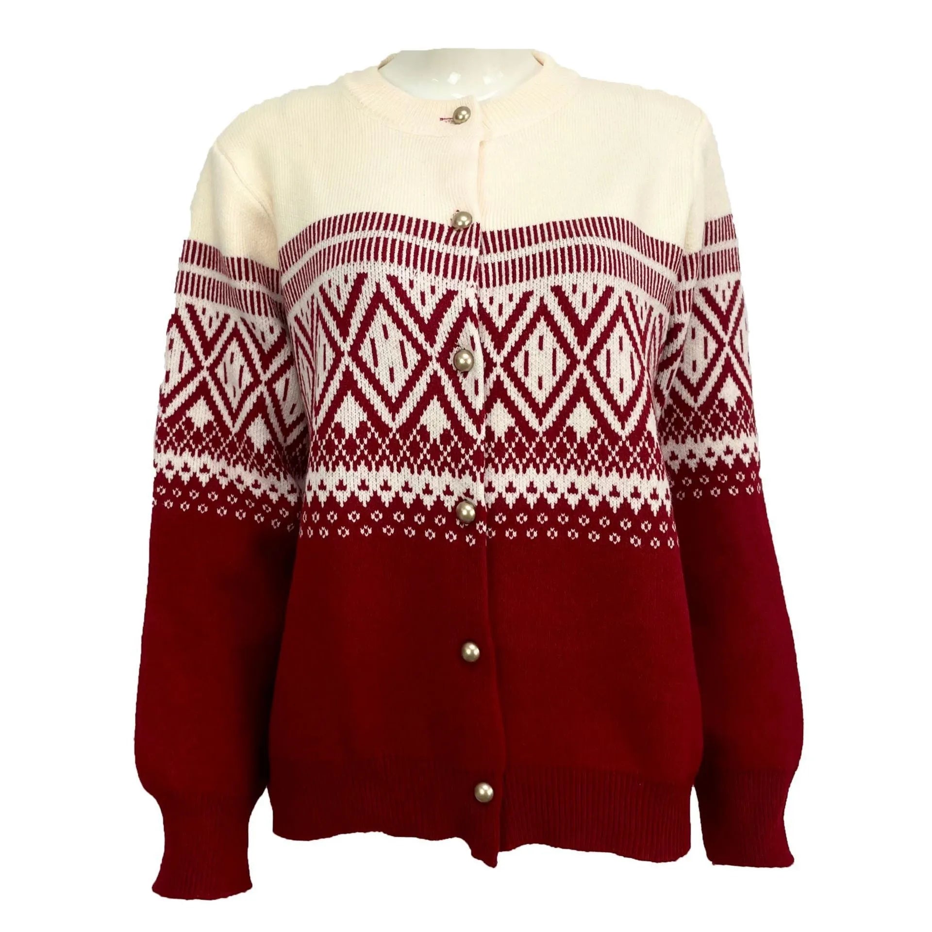 Women's grey alpaca wool cardigan with pink diamond pattern long sleeves