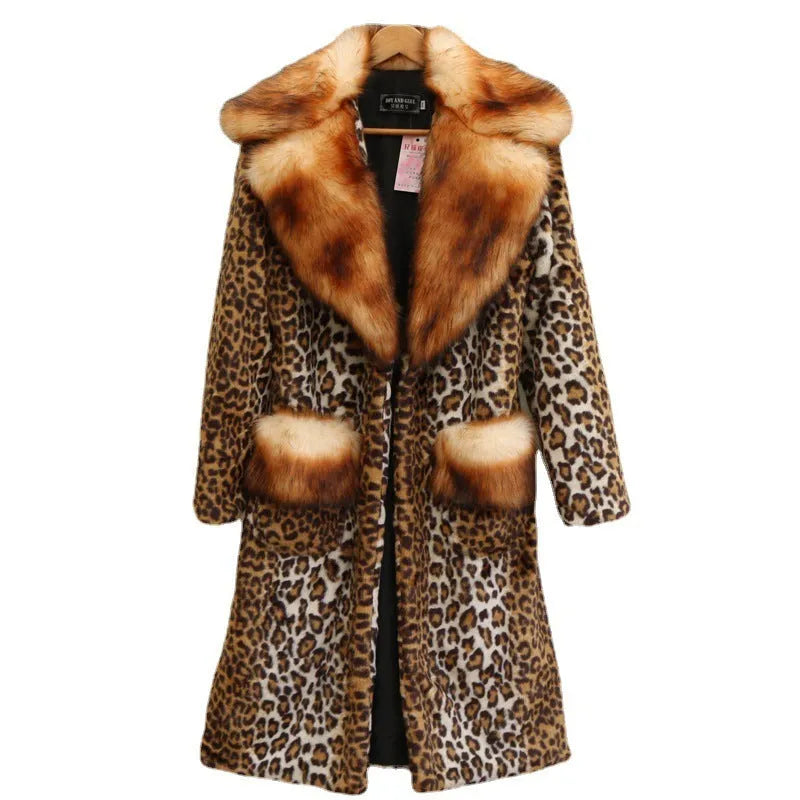 Long leopard print artificial fur jacket with regular sleeves on a hanger.