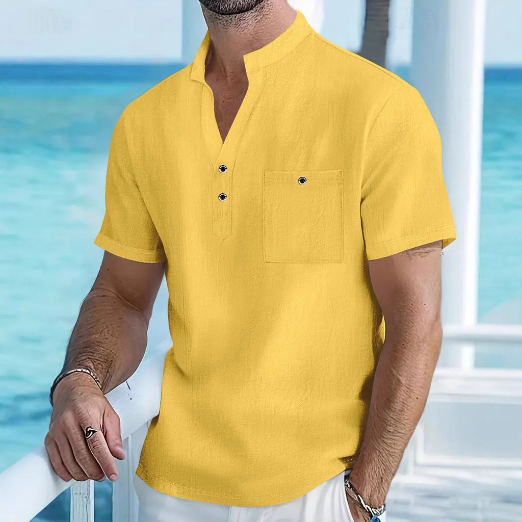 Men's linen stand collar short sleeve T-shirt in light blue solid colour loose fit
