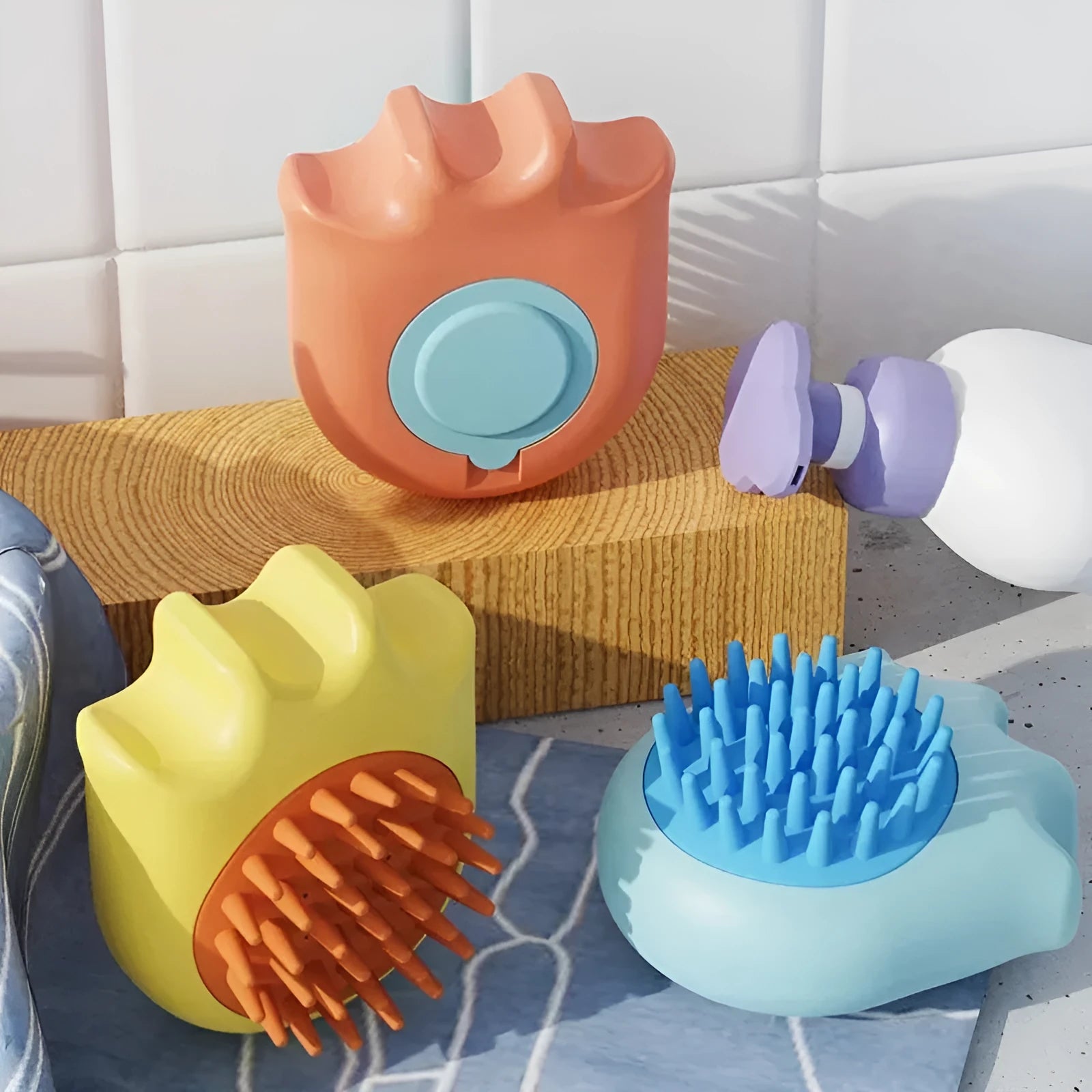 Pet bath brush massage comb with shampoo box in blue orange or yellow colours