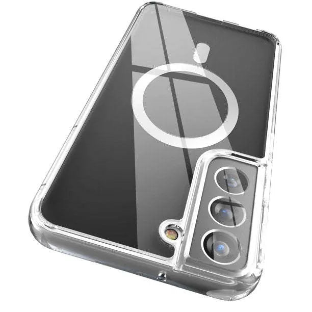 Transparent magnetic TPU phone case for Samsung S21, S22, S23 models on a table.